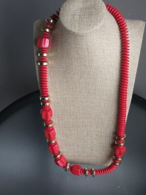 Red Bead and Gold Accent Statement Necklace - Women Jewelry